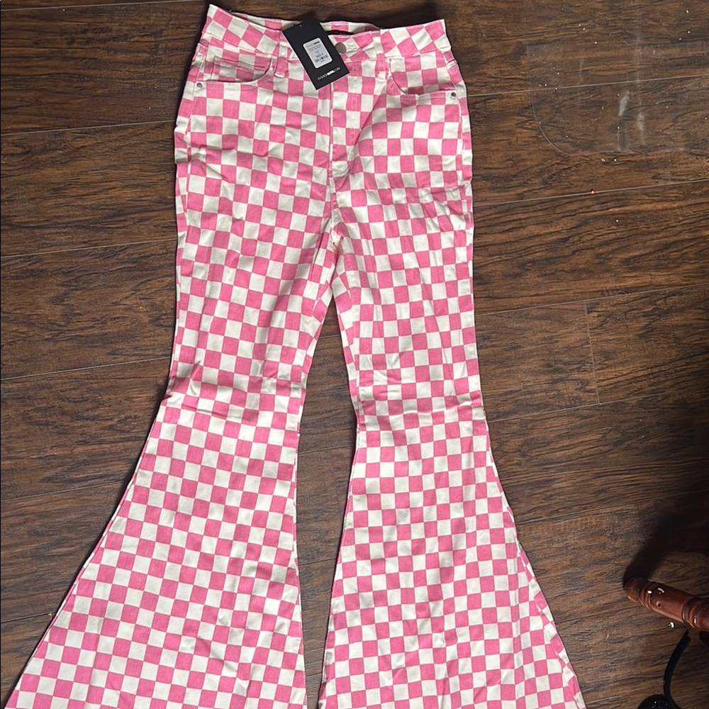 Fashion Nova Pink and White Flare Jeans